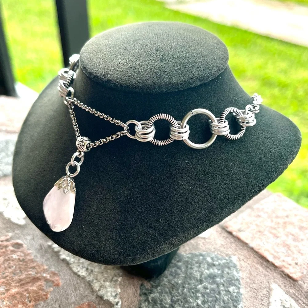 Handmade maille choker necklace with rose pink quartz crystal charm boho silver_8